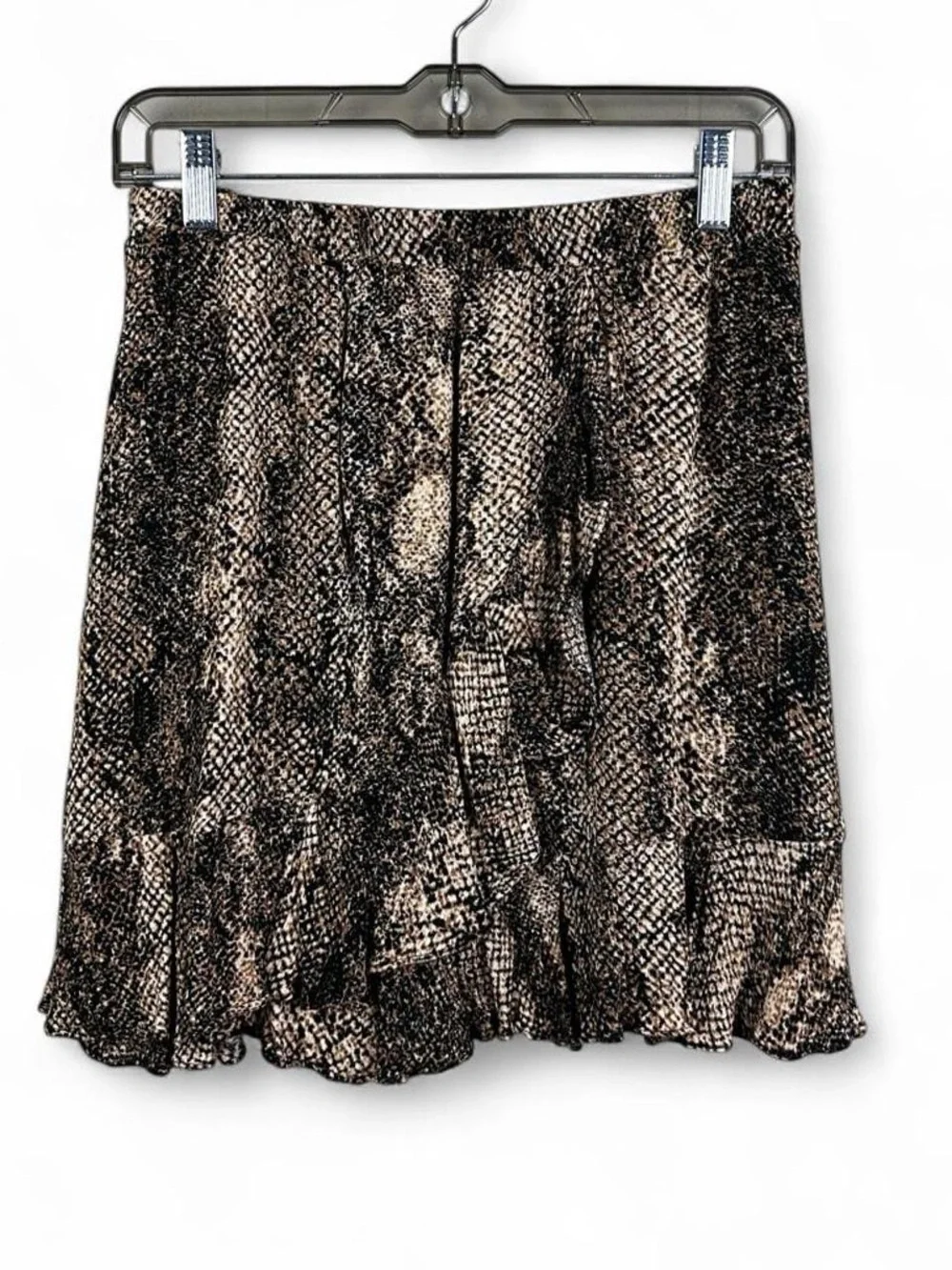 Scully black and beige snake print polyester mini skirt with ruffle hem
